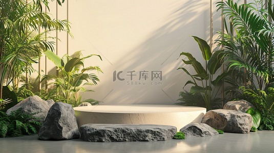 艺术植物背景图片_岩石和植物3D电商产品展台背景图片