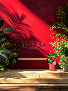 年货背景图片_红色墙壁植物电商展台背景