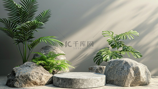 阳光背景图片_岩石和植物3D电商产品展台背景