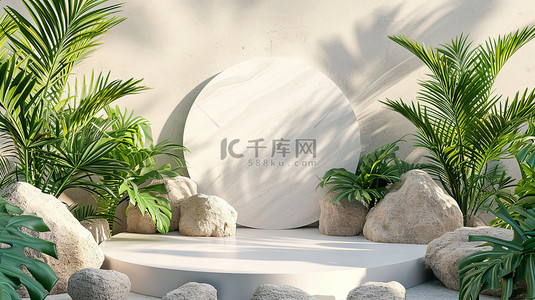 企业绿植墙背景图片_岩石和植物3D电商产品展台背景图