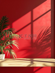 植物墙壁背景图片_红色墙壁植物电商展台背景素材
