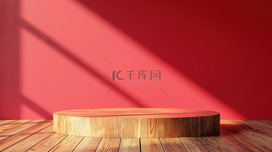 电商红色背景图片_红色墙壁空木台面新年电商大促背景图片