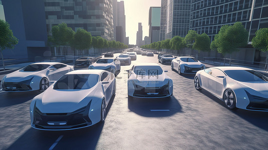 人工智能驱动的自动驾驶电动汽车在繁忙的都市道路上巡航的 3D 渲染