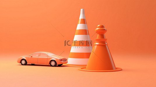 橙色柔和背景下 3d 渲染网页错误中的交通锥