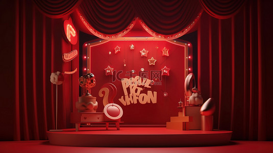 装饰有电影装饰的红色窗帘以 3D 渲染的剧院标志和讲台为特色