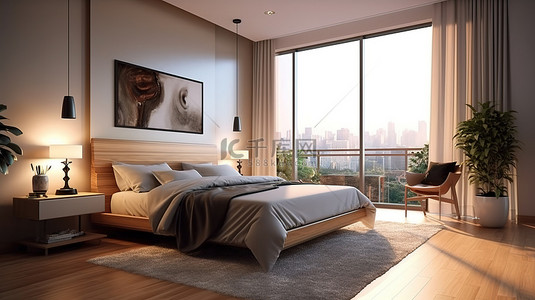 1 酒店或公寓卧室的 3D 室内效果图