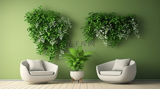 客厅氛围情侣在扶手椅上放松，靠着绿墙，装饰着植物 3D 渲染