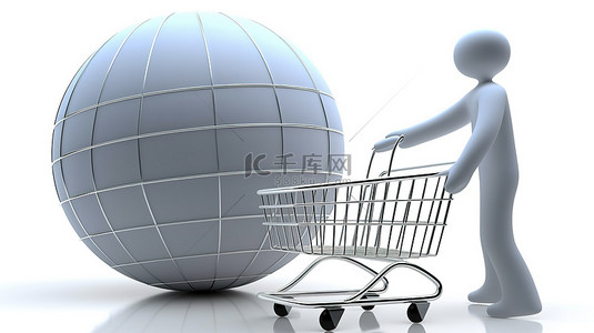 全球购物 3D 人物在白色地球背景下推车