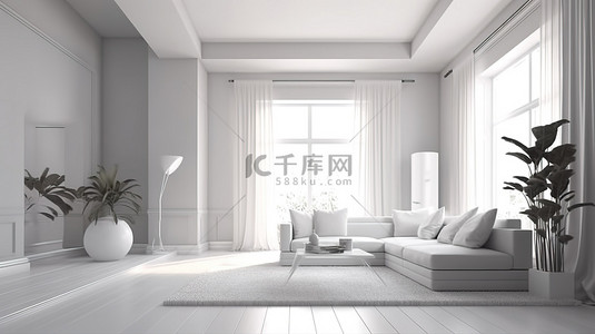 开放式内部白色客厅的数字艺术创作，具有等距视图和 3D 渲染中的室内建筑