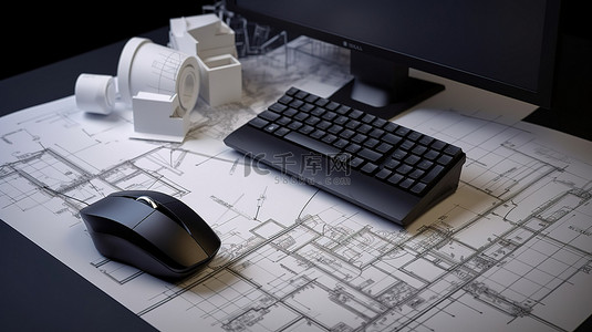 通过计算机鼠标连接在蓝图上进行 3D 渲染的住宅建筑模型
