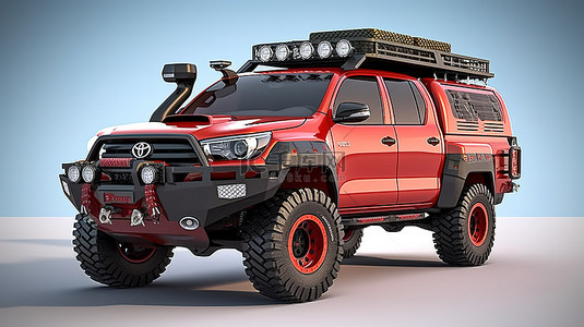 卡车背景图片_用于越野冒险或乡村探险的宽敞红色皮卡车的 3D 插图