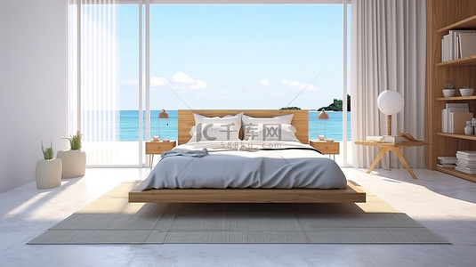 瓷砖地板背景图片_现代卧室的 3D 渲染，享有海景，配有白色瓷砖地板和木架子
