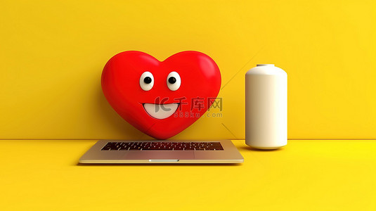桌面背景咖啡背景图片_黄色背景，带有 3D 渲染的红心人物吉祥物和现代笔记本电脑，显示白色屏幕，非常适合您的设计