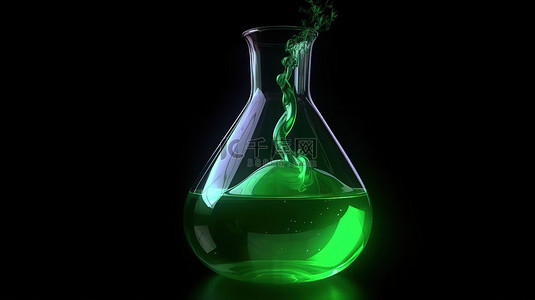绿色液体倒入 3d 实验室渲染中的透明烧瓶