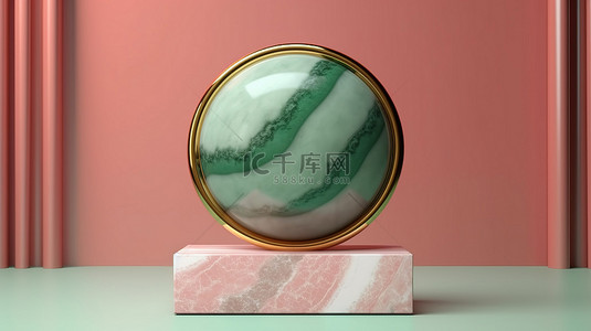 绿色背景上带有金线的粉色大理石圆圈的 3D 渲染