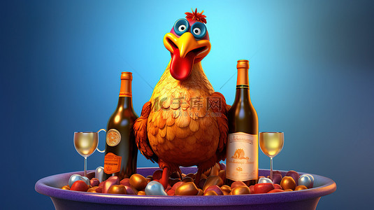 酒背景图片_搞笑的 3D 鸡艺术品在托盘上展示了一个酒瓶