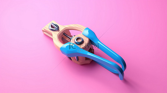 充满活力的粉红色背景 3D 渲染上双色调风格的威胁木制弹弓玩具