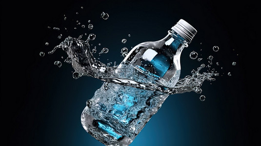 3d 渲染的一瓶水与飞溅的水滴