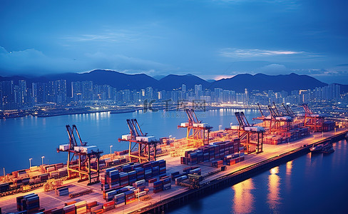 夜景背景图片_一个装满集装箱的大港口，外面停泊着船只