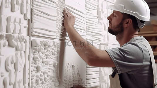 安装 3D 石膏板，工人将瓷砖固定到墙上