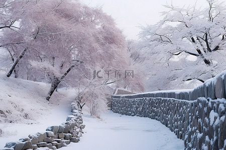 桥背景图片_雪石墙，树雪，左岸雪桥