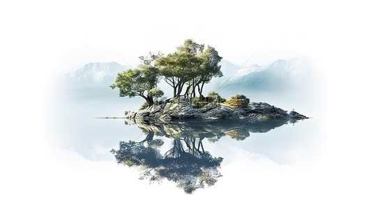 森林山顶背景图片_被茂密树木自然景观包围的山区湖畔的 3D 插图