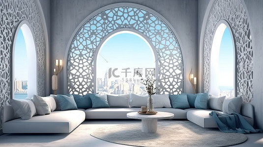 室内背景图片_摩洛哥室内空间的 3D 渲染，带有复杂的阿拉伯激光切割图案装饰窗户和家具