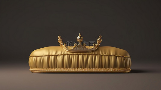 豪华的金冠放在毛绒枕头上，令人惊叹的 3D 渲染
