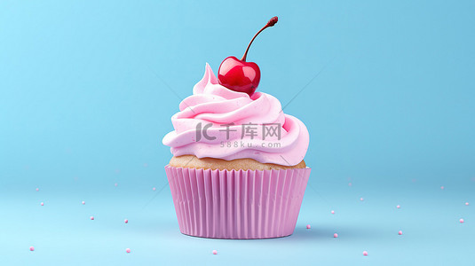 粉色的樱桃背景图片_双色调风格蓝色圣代纸杯蛋糕，樱桃粉色背景