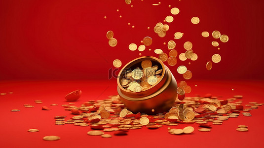 中国风水背景图片_中国新年庆祝活动金币和金锭在红色背景下层叠