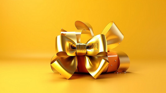 快乐的 3D 圣诞节设计，金色背景上有蝴蝶结和丝带
