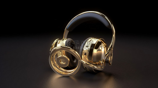 金色 3D 渲染中的音符，其中心带有耳机，描绘音乐概念