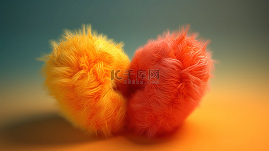 情人节橙色和红色蓬松心的 3D 插图