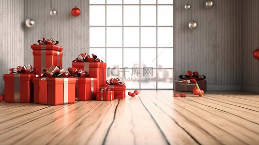 作文背景图片_节日 3D 渲染礼品盒在光滑的地板上，用于圣诞节和新年庆祝活动