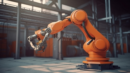 机械工厂背景图片_令人惊叹的 3D 渲染中橙色机械臂的工厂场景