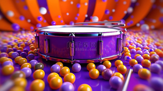 充满活力的橙色军鼓与迷人的紫色 3D 渲染上的彩色球海形成鲜明对比