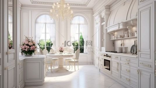 高端场所背景图片_优雅的古典厨房配有高端内置电器和充足的自然光 3D 可视化