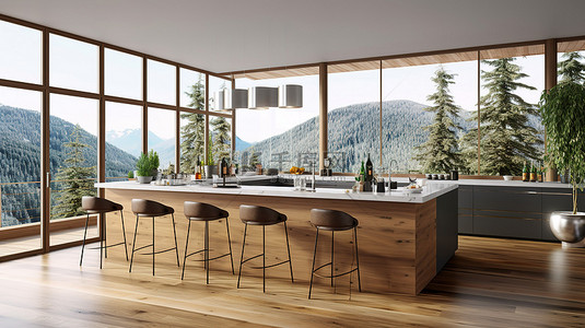 现代化厨房中时尚吧台的 3D 渲染，配有用餐区和宽敞的全景窗户