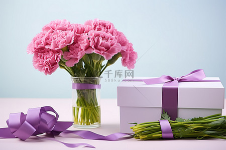 白盒子和薄纸旁边的一束紫色康乃馨