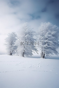 一大群积雪的树木矗立在积雪的田野中央