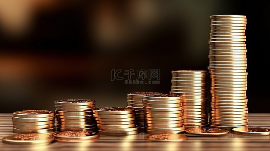 上升的硬币堆象征着财富的增加箭头标记表示储蓄和投资 3D 渲染插图