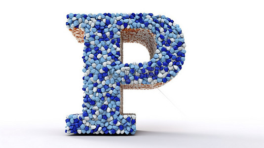 3d 大写字母 p，白色背景上带有蓝色水磨石图案