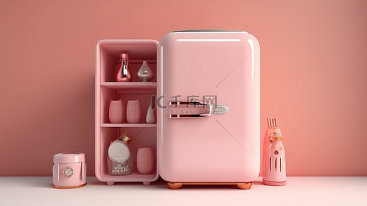 卡通风格软粉色奶油冰箱物体的厨房概念 3D 渲染