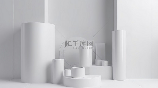 白的简约展台背景图片_3D 渲染中的简约白色圆柱基座讲台，用于在白墙上展示产品
