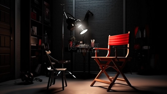 相机背景图片_导演椅电影拍板和扩音器在暗室背光墙上的照明设置 3D 渲染