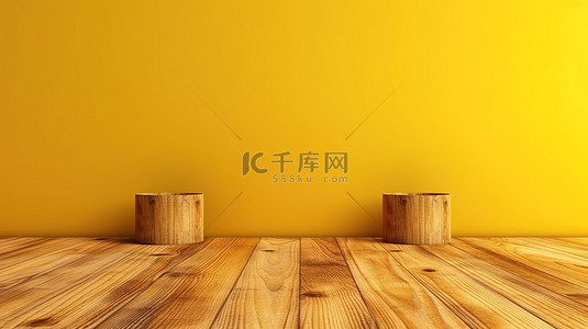 通过 3D 渲染描绘的充满活力的黄色木纹背景上的空木桌面