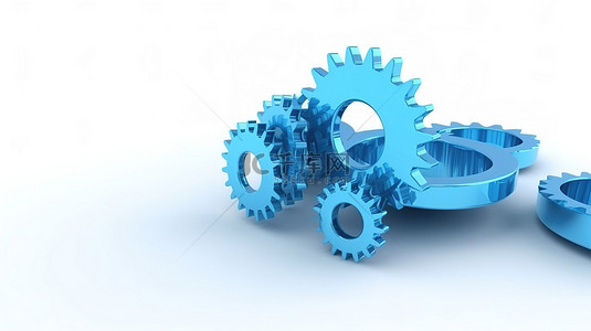 白色加蓝色背景图片_带有 3d 渲染的创意蓝色加载条和齿轮的隔离白色背景