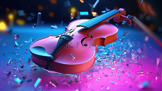 小提琴在霓虹灯下分解的 3D 渲染，碎片散布在半空中