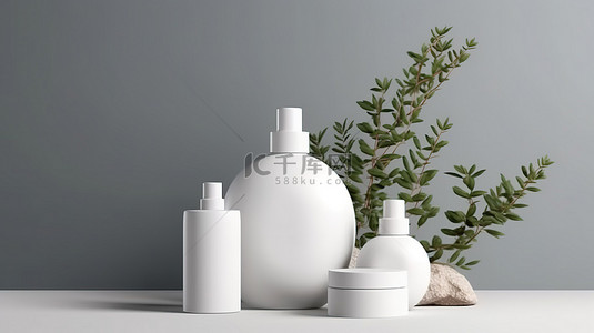 洗发水背景图片_在白色舞台工作室样机布置上展示自然美容产品，以空白罐子和瓶子 3D 视觉描绘为特色