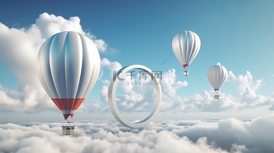 热气球在云层和发光环中的 3D 渲染显示空间中翱翔